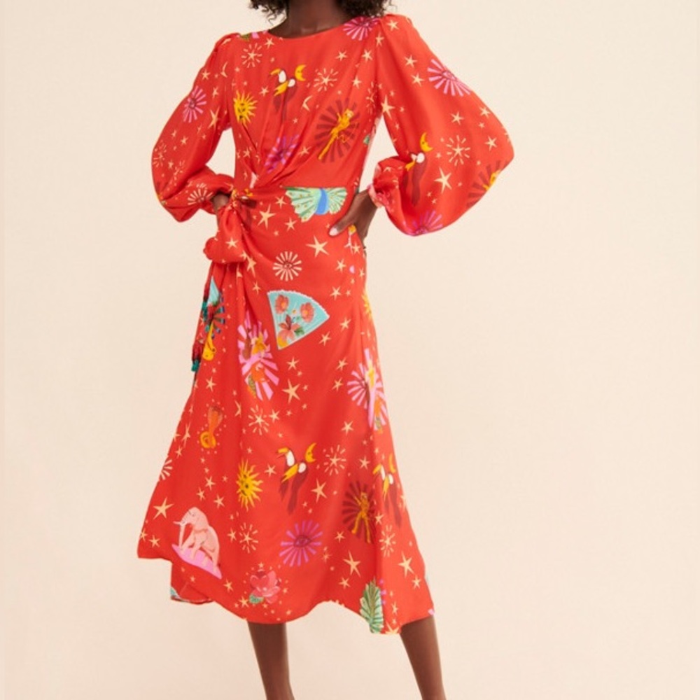 Farm Rio Lotus Star Front Twisted Midi Dress